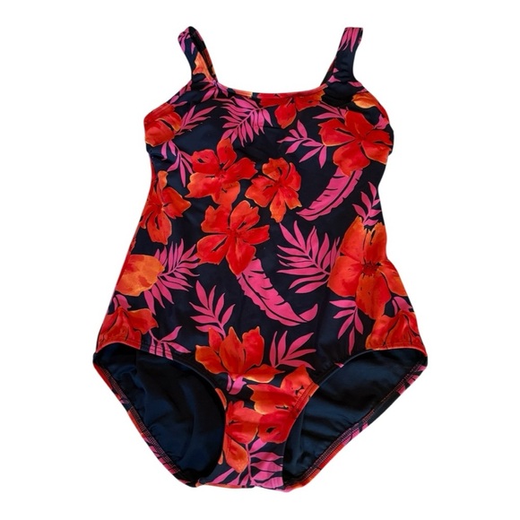 Lands’ End One piece tropical floral full bottom red-orange UV Swimsuit 8P - Picture 2 of 11